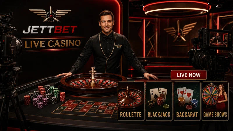 Jettbet live casino studio, a croupier at a roulette wheel with roulette, blackjack and baccarat tiles alongside