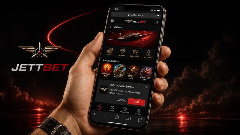 Phone held in one hand with the Jettbet browser lobby on screen and a home-screen install dialog below it