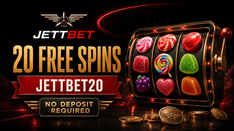 Promotional graphic reading 20 free spins with the code JETTBET20 on a ribbon and a No Deposit Required badge