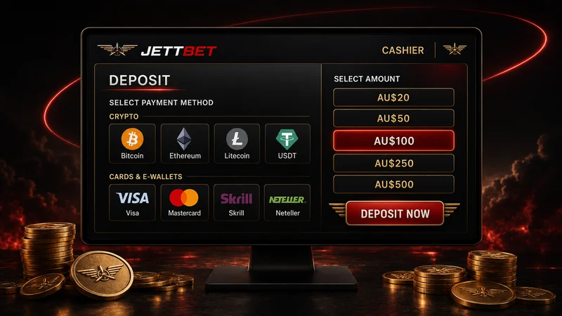 Jettbet cashier deposit screen with Bitcoin, Ethereum, Litecoin and USDT tiles above Visa, Mastercard, Skrill and Neteller