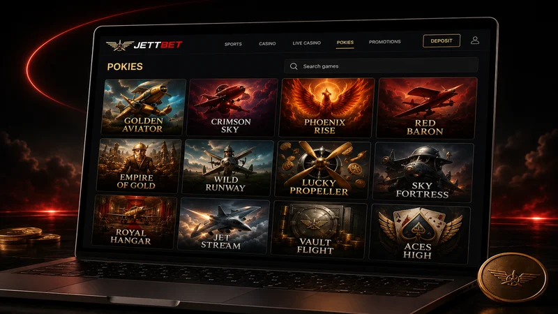 Jettbet pokies lobby on a laptop, twelve aviation-themed game tiles under a search field