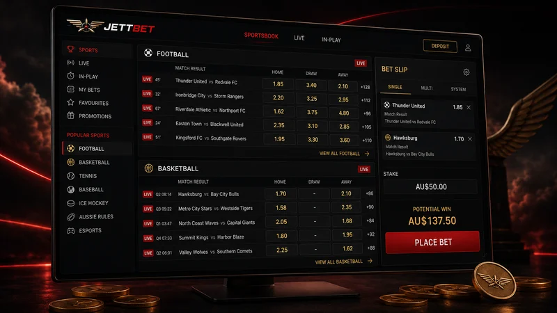 Jettbet sportsbook screen listing football and basketball match odds with a bet slip and stake box on the right