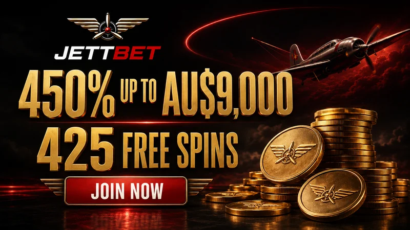 Gold-lettered Jettbet offer card reading 450% up to AU$9,000 and 425 free spins above a Join Now button